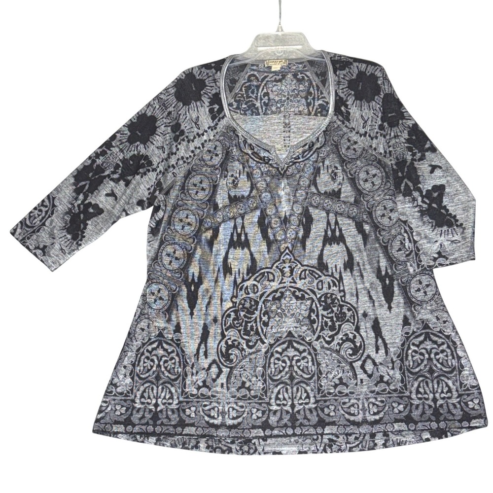 Emerge Sweater Top 1X Black Gray Embellished V Neck 3/4 Sleeve Tunic Boho Artsy